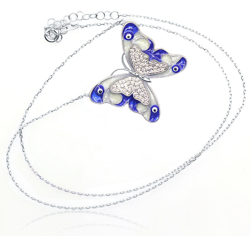 Blue & White Butterfly Silver 925 Chain