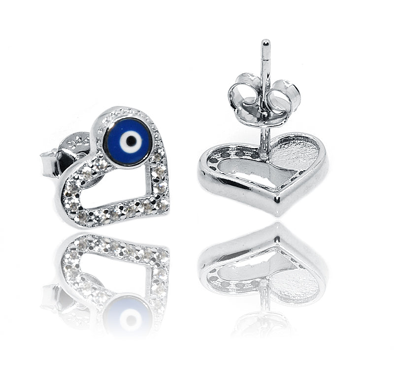 Blue Evil Eye Heart Silver 925 Studs