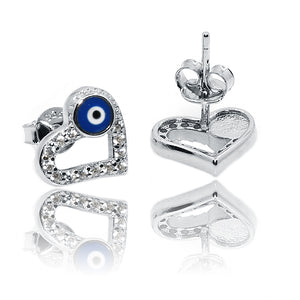 Blue Evil Eye Heart Silver 925 Studs