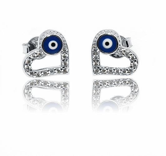 Blue Evil Eye Heart Silver 925 Studs