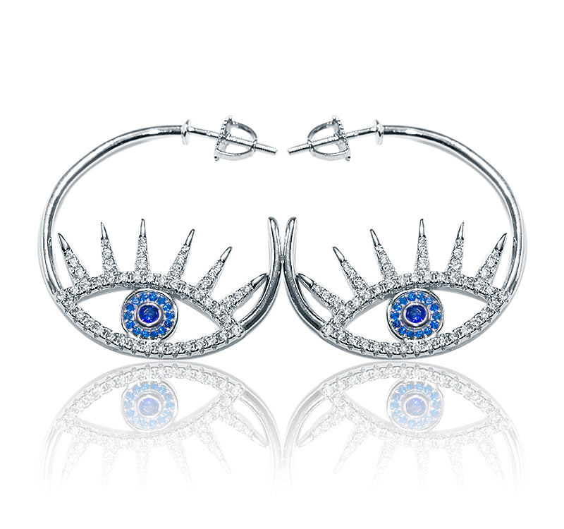 Italian Studded Evil Eye Silver 925 Hoops Earring