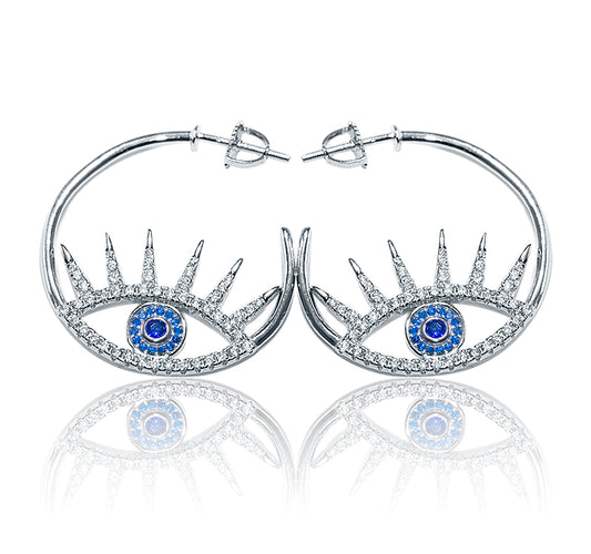 Italian Studded Evil Eye Silver 925 Hoops Earring