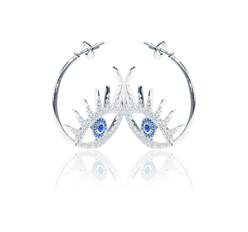 Italian Studded Evil Eye Silver 925 Hoops Earring