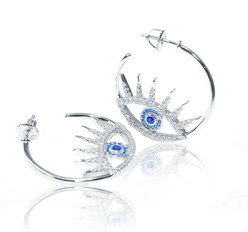 Italian Studded Evil Eye Silver 925 Hoops Earring