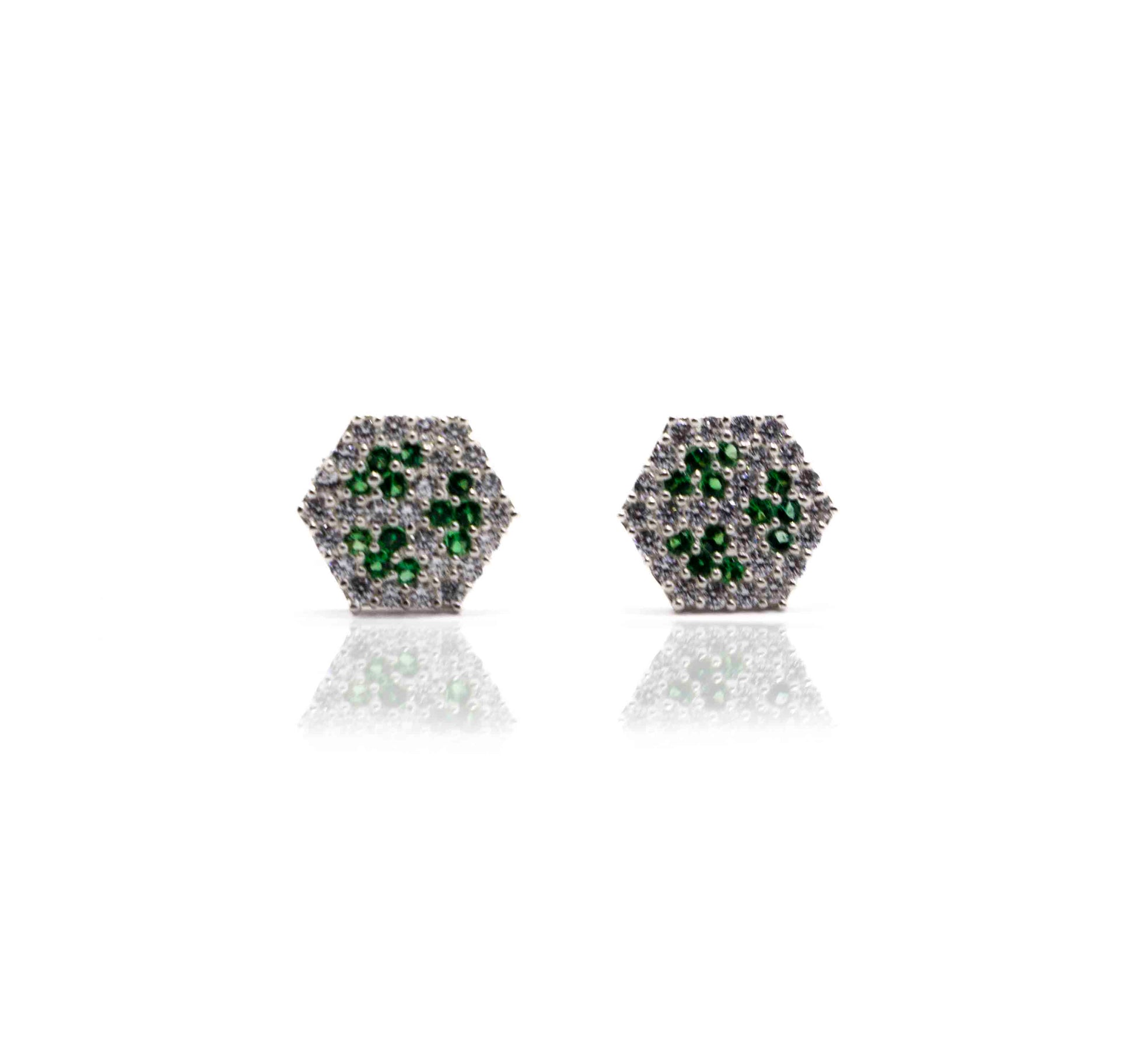 Studded Hexagon Green White Silver 925 Studs