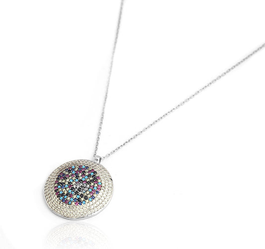 Diamond Studded Round Florence Evil Eye Pendant on Pure 925 Silver Chain