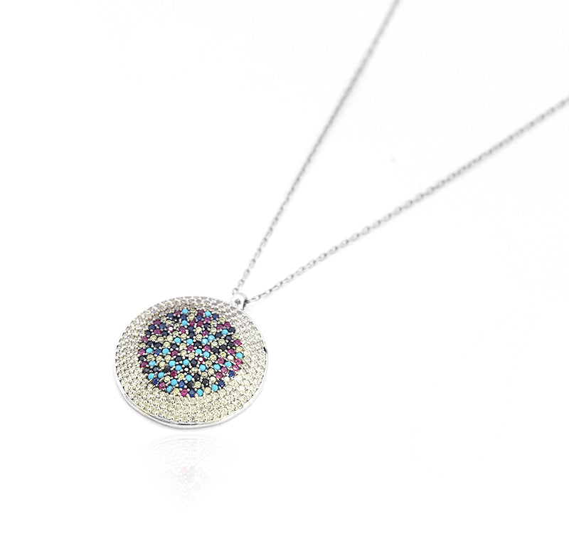 Diamond Studded Round Florence Evil Eye Pendant on Pure 925 Silver Chain