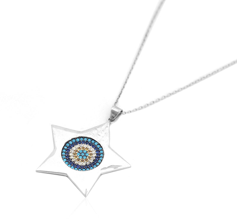 Blue Evil Eye Star Of David Necklace