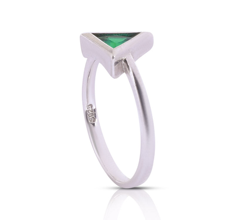 Green Stone Studded Triangle Silver 925 Ring