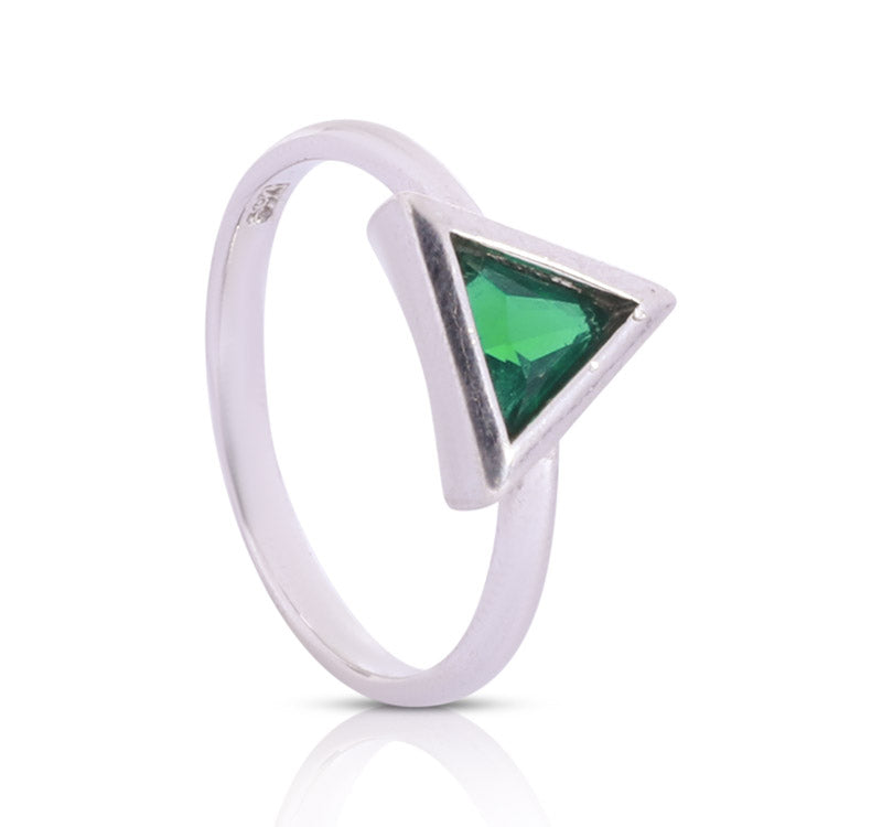 Green Stone Studded Triangle Silver 925 Ring