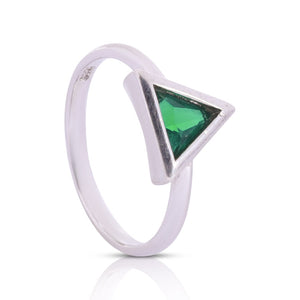 Green Stone Studded Triangle Silver 925 Ring