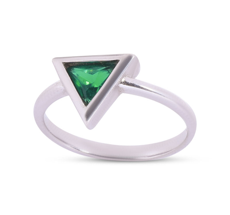 Green Stone Studded Triangle Silver 925 Ring