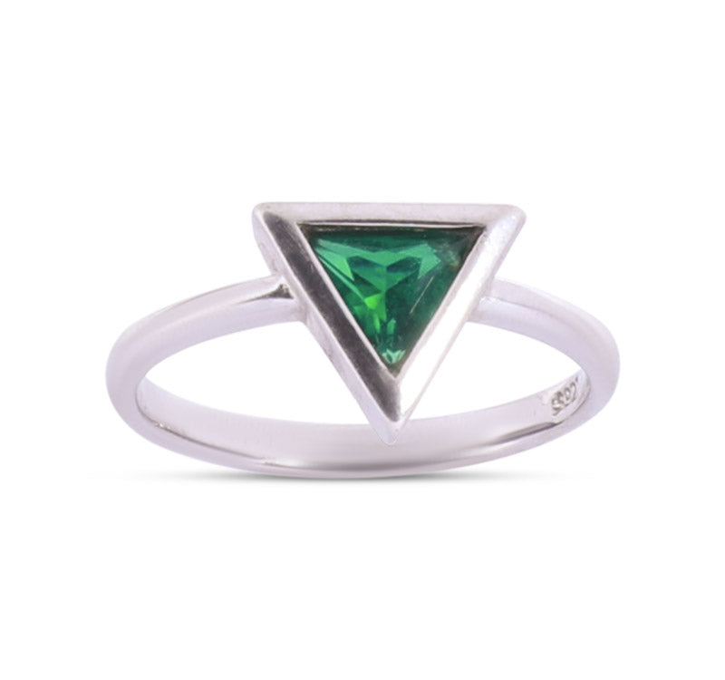 Green Stone Studded Triangle Silver 925 Ring