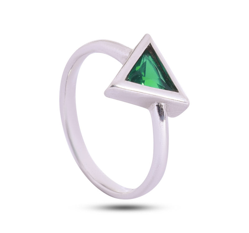 Green Stone Studded Triangle Silver 925 Ring