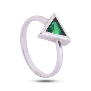 Green Stone Studded Triangle Silver 925 Ring