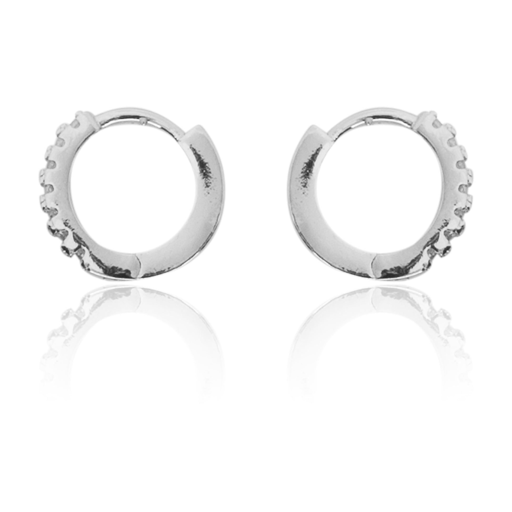 STERLING SILVER RHODIUM PLATED SINGLE LINE PAVE UNISEX HUGGIE HOOPS EARRING