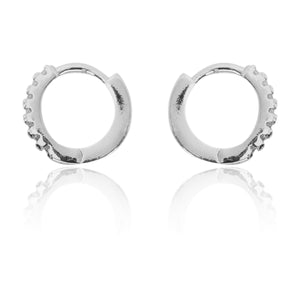 STERLING SILVER RHODIUM PLATED SINGLE LINE PAVE UNISEX HUGGIE HOOPS EARRING