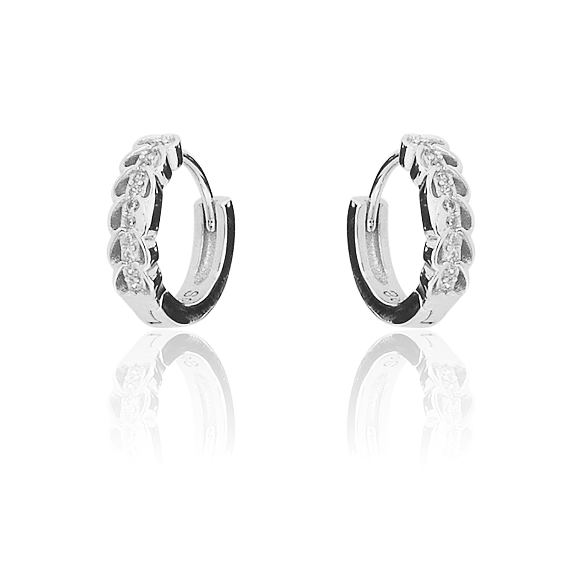 STERLING SILVER RHODIUM PLATED SINGLE LINE PAVE UNISEX HUGGIE HOOPS EARRING